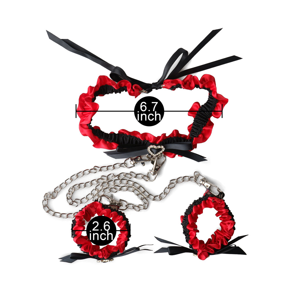 Red Color Collar and Wrist Restraint Kit with Metal Chain