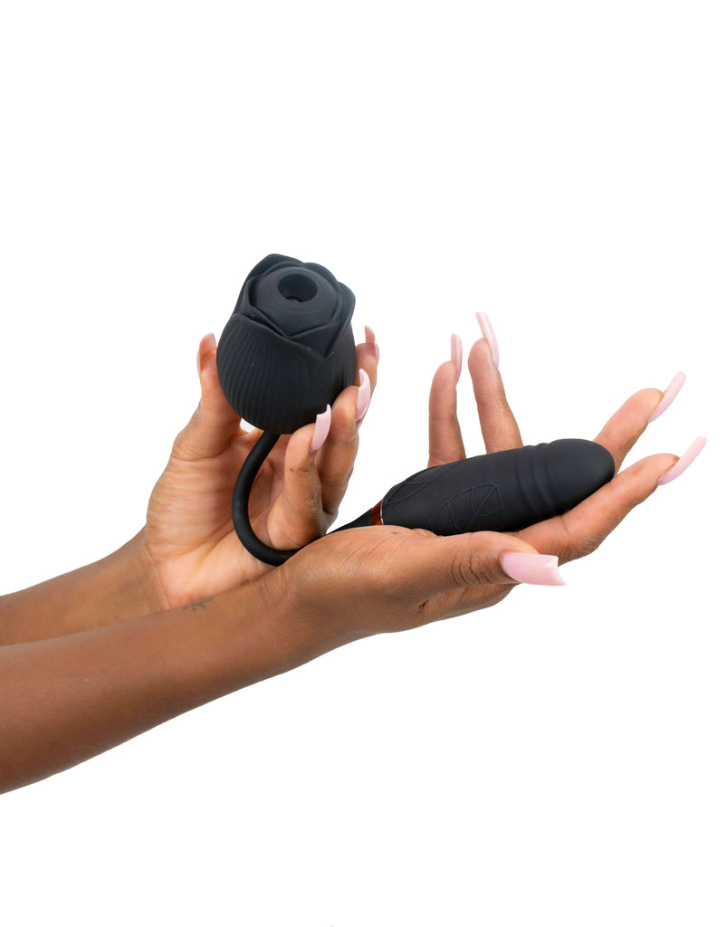 Black Clitoral Rose Massager with Thrusting Vibrator